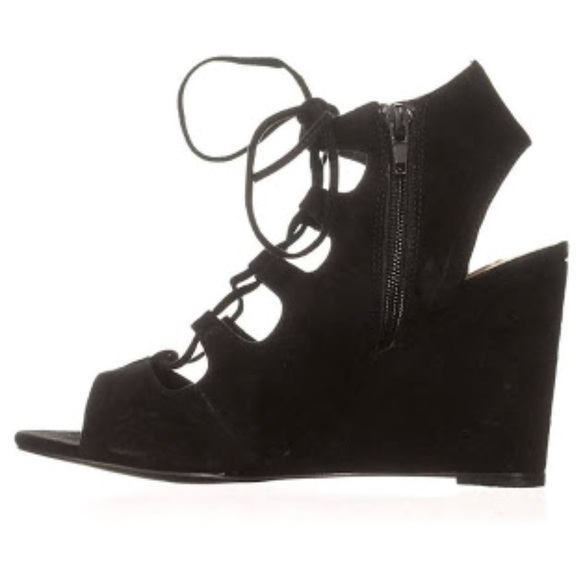 Suede Black Ankle Lace Up Boho Wedge Sandal - Picture 3 of 4